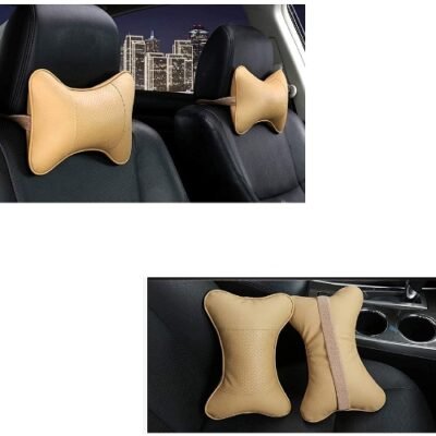 Universal Car Neck Rest Pillow Cushion Set Headrest Pain Relief Support with Adjustable Strap Faux Leather, Cotton for All Cars, Home and Office Chair Seat (Pack of 2) (Beige)