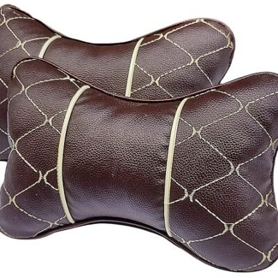 Leather Cotton Car Neck Rest Pillow/Cushion Set Pillow Compatible with All Cars (Brown) Pack of 2