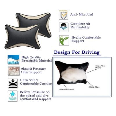Beige, Black Leatherite Car Pillow Cushion (Rectangular, Pack of 2)