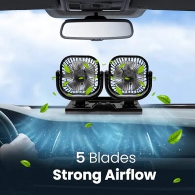 4″ Dual Head Car cooling – 12V Electric Auto Cooling with Strong Airflow, 360° Rotating Dual Heads, Adjustable Speed – Quiet Dashboard Fan for Cars, Trucks, RVs, SUVs, Campers & More